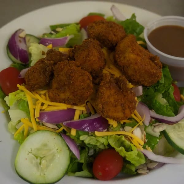 Sommer's Place southern fried chicken salad with lettuce, tomatoes, onions, cucumbers, cheese, and dressing.